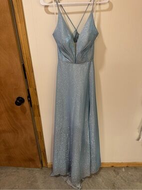 Light Blue Sparkle V-Neck Prom Dress with Crisscross Straps